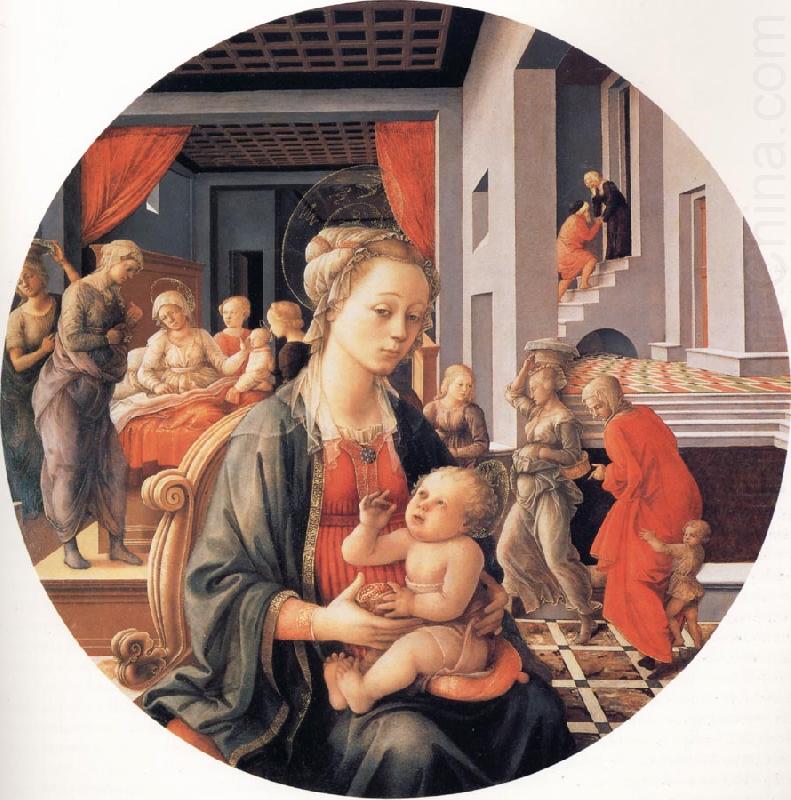 Fra Filippo Lippi The Madonna and Child with the Birth of the Virgin and the Meeting of Joachim and Anna china oil painting image